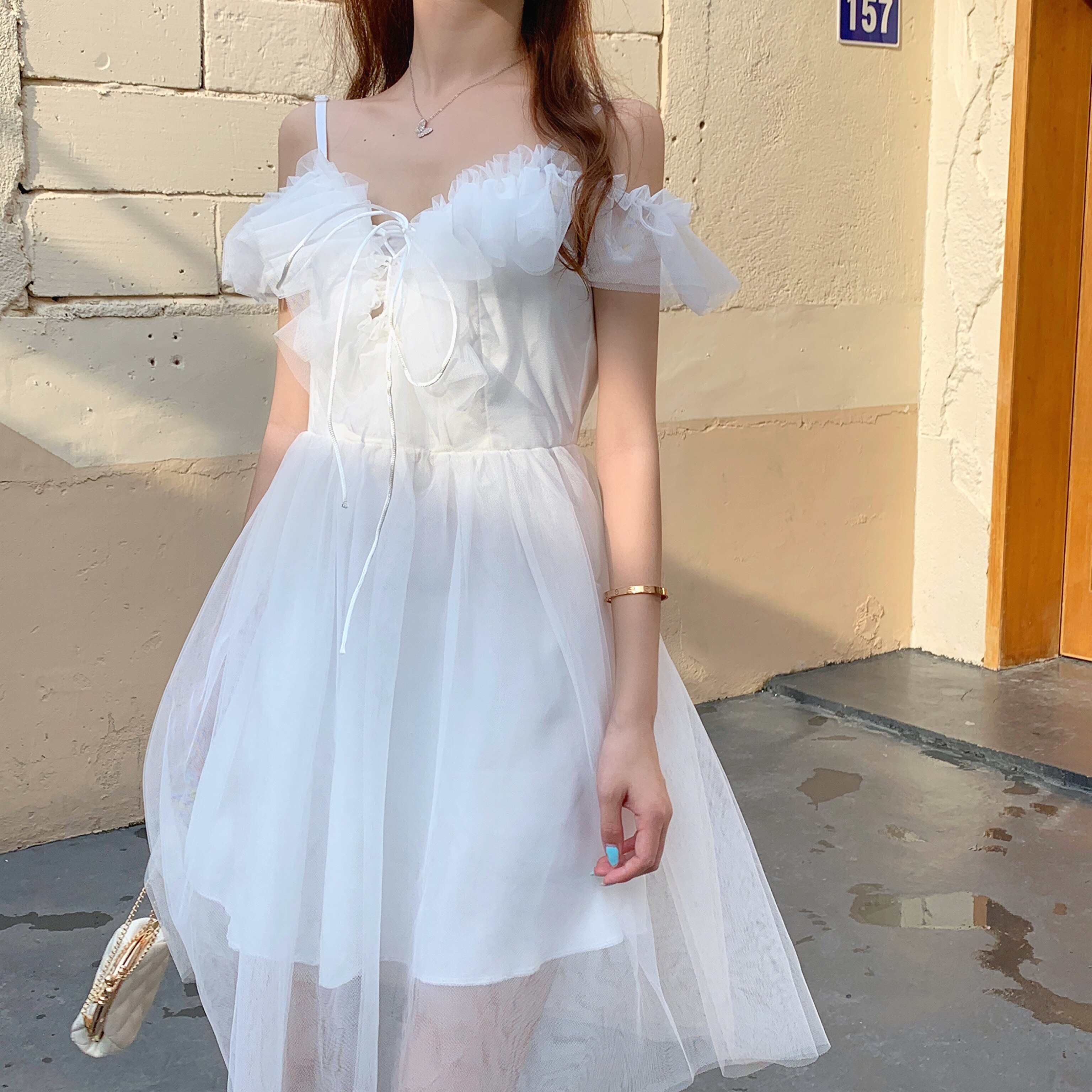 Net rode koreaanse meisjes chique bandjes rok taille omsluitend afslankend western veterjurk vrouwelijke zomer lolita