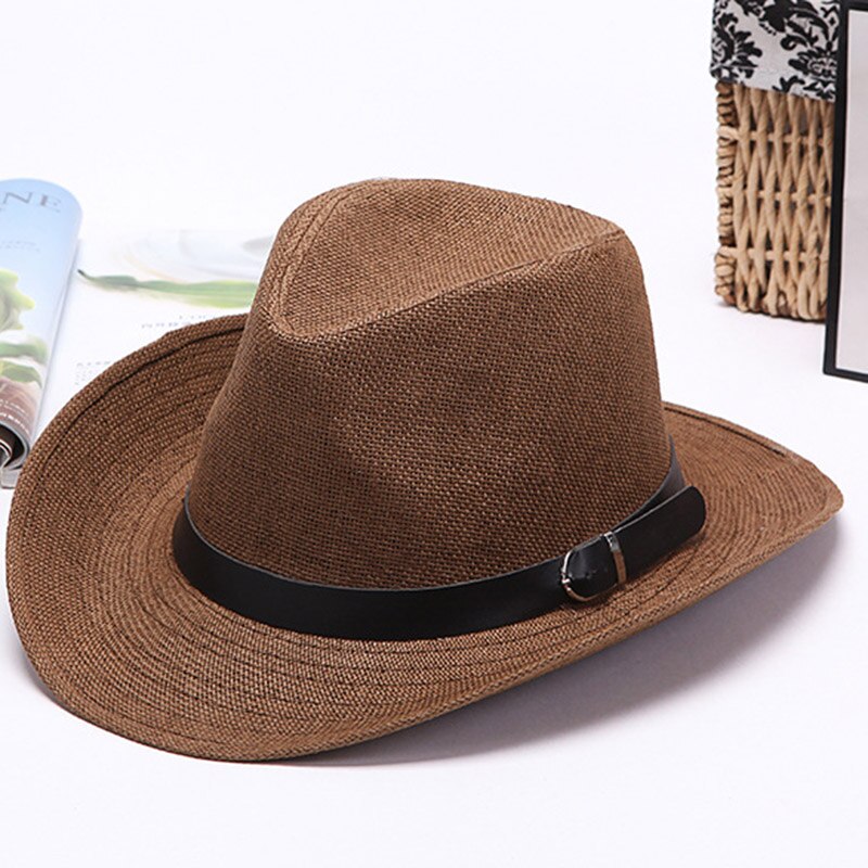 Men Straw Cowboy Hat Classic Western Cowboy Sun Hats for Summer Beach -OPK: coffee