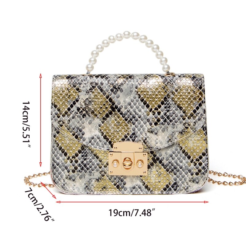Pu-leder-schultertaschen für damen, schlangenleder-mini-geldbörse, retro-quadrattasche, ketten-umhängetasche, handtaschen mit perlengriff