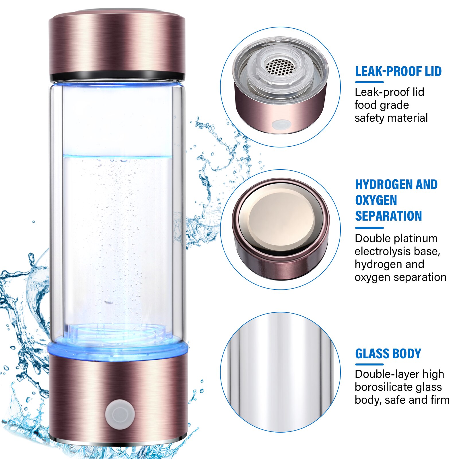 Draagbare Negatieve Ion Waterstof-Rijke Elektrolyse Generator Water Filter H2 Lonizer Maker Usb Oplaadbare Antioxidanten Fles