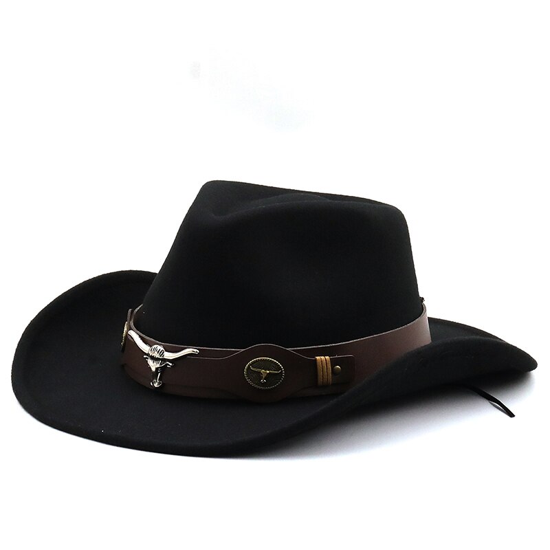 Women Men Hollow Western Cowboy Hat With Tauren Belt Winter Autumn Jazz Outback Jazz Toca Sombrero Cap Size 56-58CM: Black