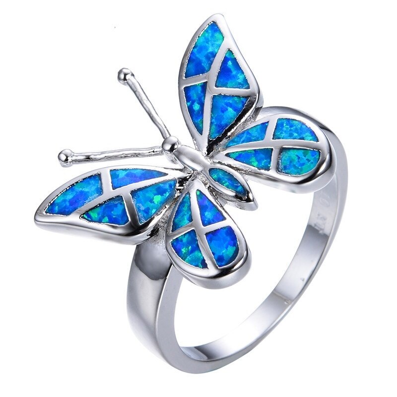 Prachtige Blauwe Opaal Vlinder Ring Vrouwelijke Romantische Bruiloft Accessoires Charm Sieraden Valentijnsdag
