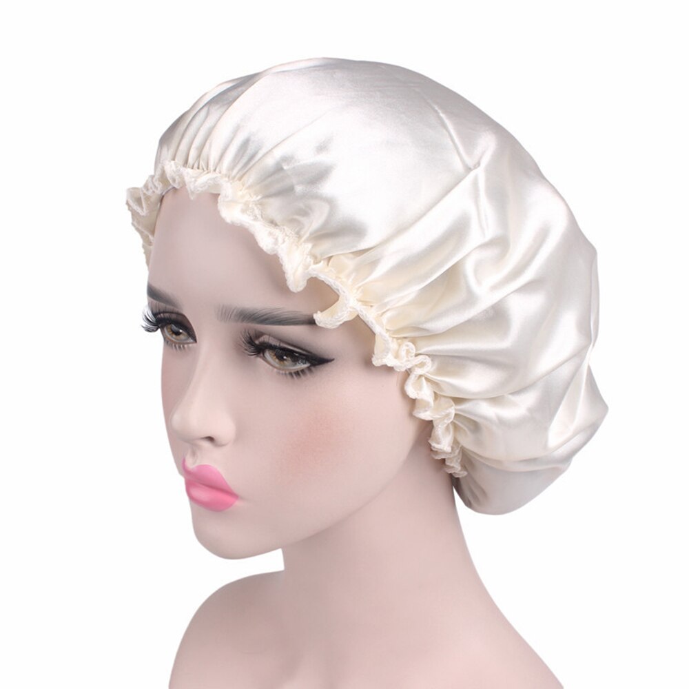 Solid Color Long Hair Care Women Satin Bonnet Cap Night Sleep Hat Silk Head Wrap Adjust Shower Caps Knitted Cap 58cm: 15