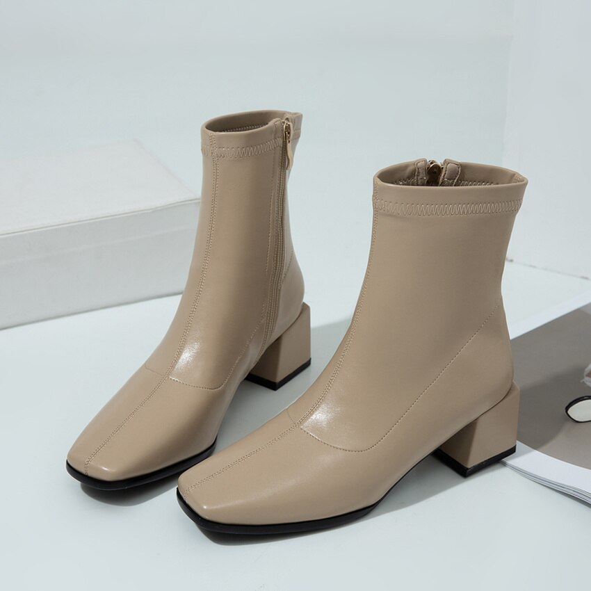 QUTAA Herbst Winter Stiefeletten Karree PU Leder Frauen Schuhe Square Ferse Zipper Kurze Stiefel Große Größe 34-43
