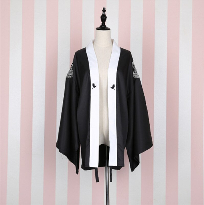 Bushido japonés-vestido de 2 piezas para mujer, abrigo y Vestido de manga larga con puño grande, bata de chica japonesa, estampado de grulla, blanco y negro