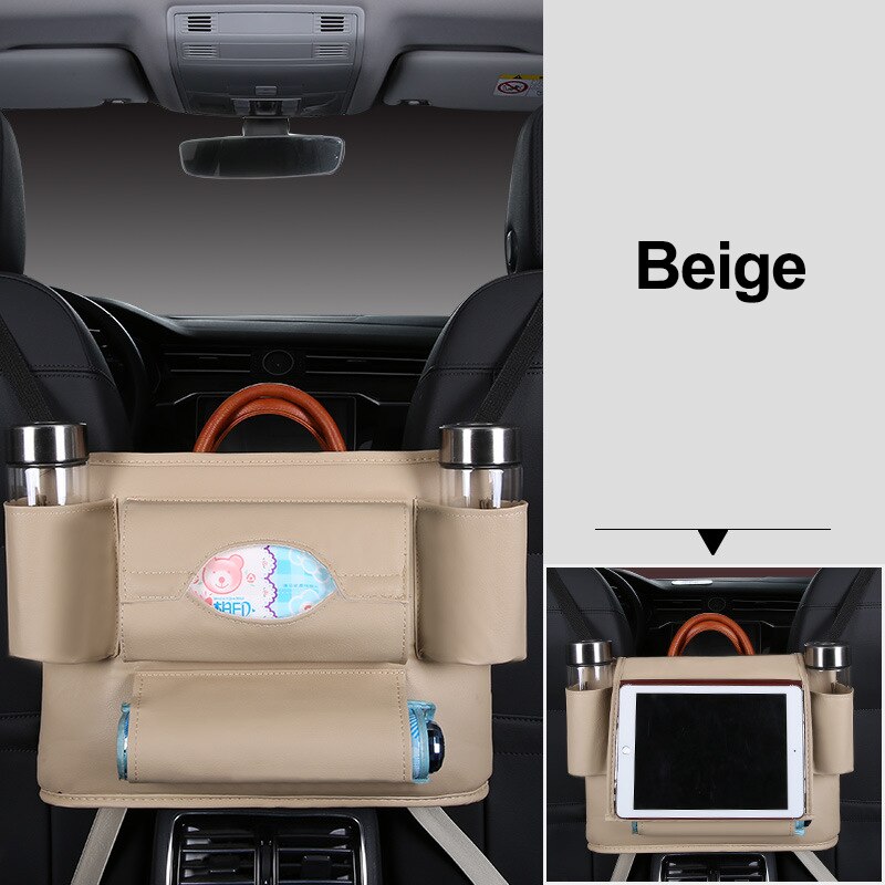 Autostoel rugleuning hangende opbergruimte stoel organizer pu lederen tissue opbergzak bekerhouder opbergen opruimen accessoires voor autostoelen: Beige