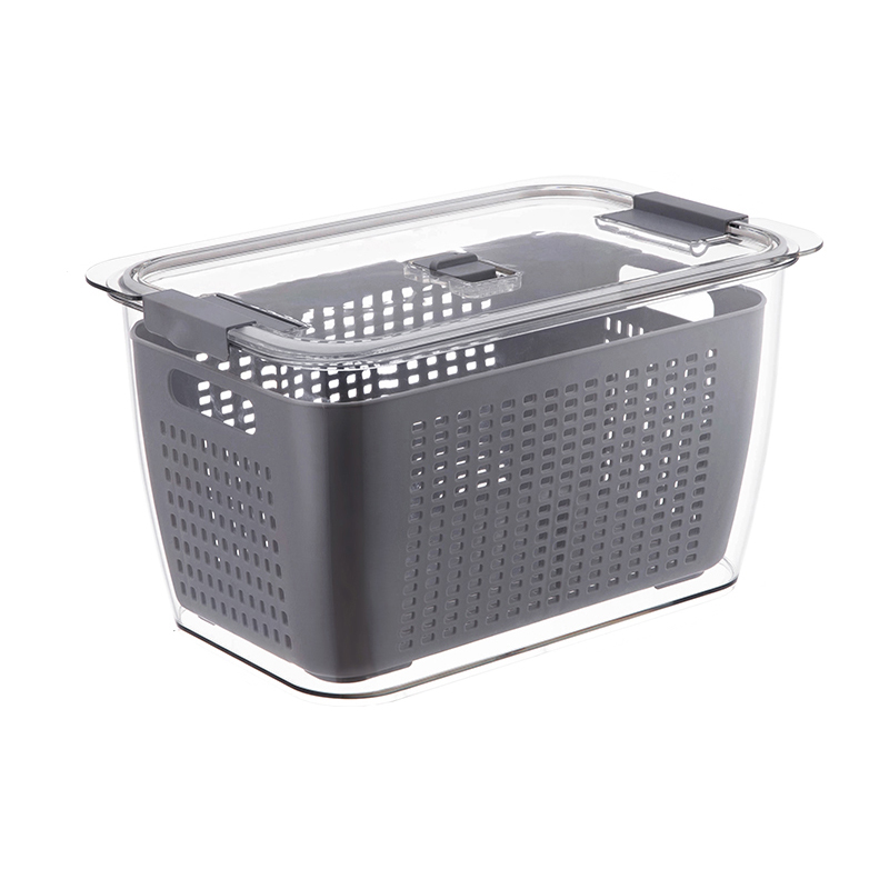 Fridge Storage Box Refrigerator Vegetable Fruit Boxes Drain Basket Containers With Lid Food Preservation Box Kitchen Organizer: grey / L--4.5L
