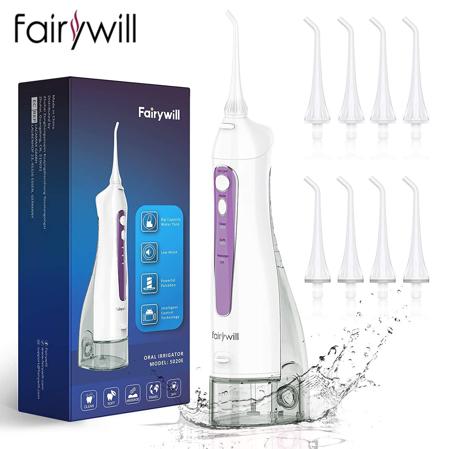 Fairywill Water Flosser Usb Oplaad Monddouche Dental 3 Modes 300Ml Water Tank Water Jet Waterdichte IPX7 Tanden Schoner: 5020E-Purple