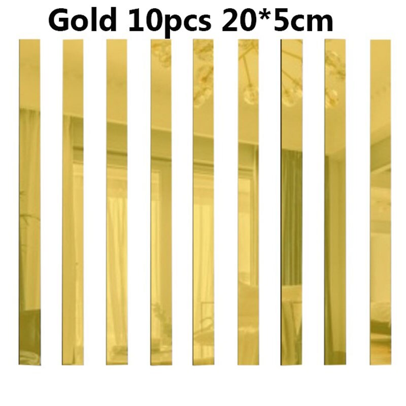 10pcs Long Rectangle Acrylic Mirror Wall Stickers Self Adhesive Removable Decals Living Room TV Back DIY Art Wall Decor: Gold