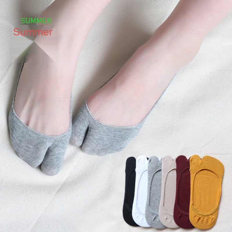 Women Cotton Two-toe Socks Solid Color Split Toe Shallow Mouth Non-slip Socks Summer Sweat-absorbent Invisible Socks WSD029