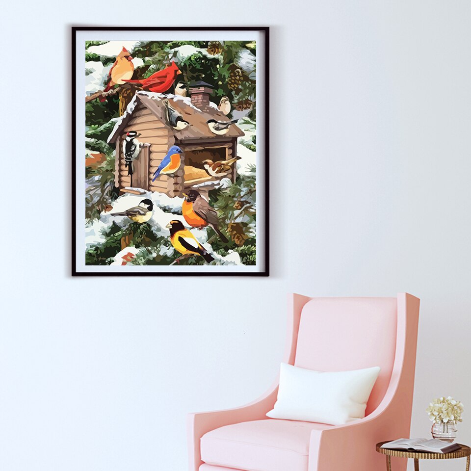 AZQSD Unframe peinture pour travaux manuels par numéros sur toile fleur Dewcor pour la maison peinture à l'huile par numéros ensemble oiseaux peint à la main