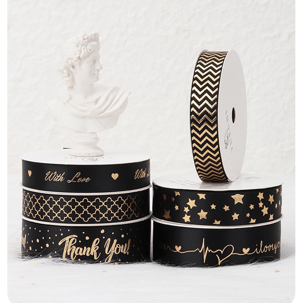 Cinta dorada negra de 2 yardas, embalaje de caja de para amantes, boda, evento, , Navidad, bricolaje, decoración de ramo de pastel de lazo hecho a mano