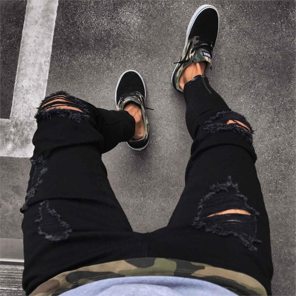 Cross-border jeans men's black ripped stretch zipper men's small leg pants