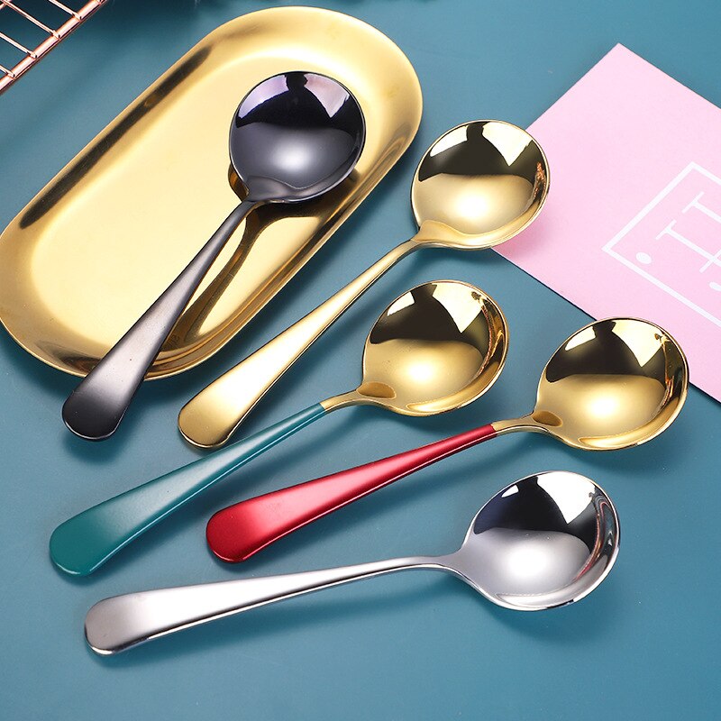 1pc Stainless Steel Round Head Spoon Long Handle Coffee Ice Cream Desserts Spoons Beautiful Tableware Housewares Kitchen