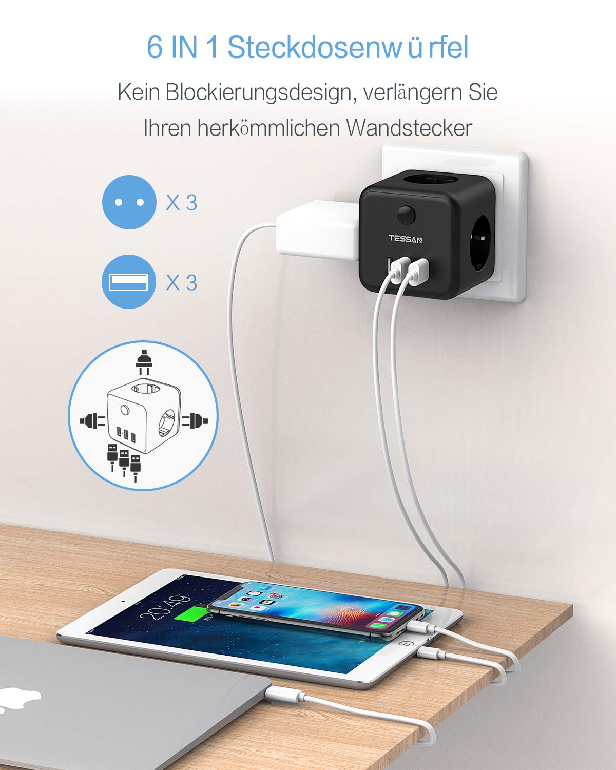 TESSAN – multiprise murale ue, avec 3 prises ca, 3 Ports USB et interrupteur marche/arrêt, 100-250V, adaptateur de Charge pour le bureau