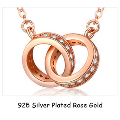 Mode 925 Sterling Zilveren Dubbele Ronde Hanger Neckalce Rose Goud Strass Dubbele Cirkel Ketting Voor Vrouwen Sieraden: Rose Gold