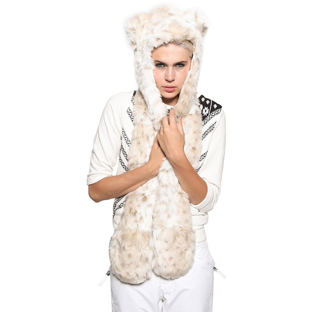 Women Faux Fur Hood Animal Hat Ear Flaps Hand Pockets Set Animal Hood Hat Wolf Plush Warm Animal Cap with Scarf Gloves: White