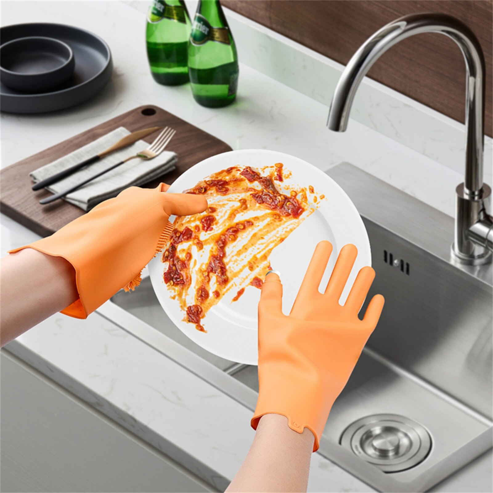 1Pair Dishwashing Cleaning Full finger gloves with peeling cleaning brush long Magic Silicone Rubber Dish Washing Glove
