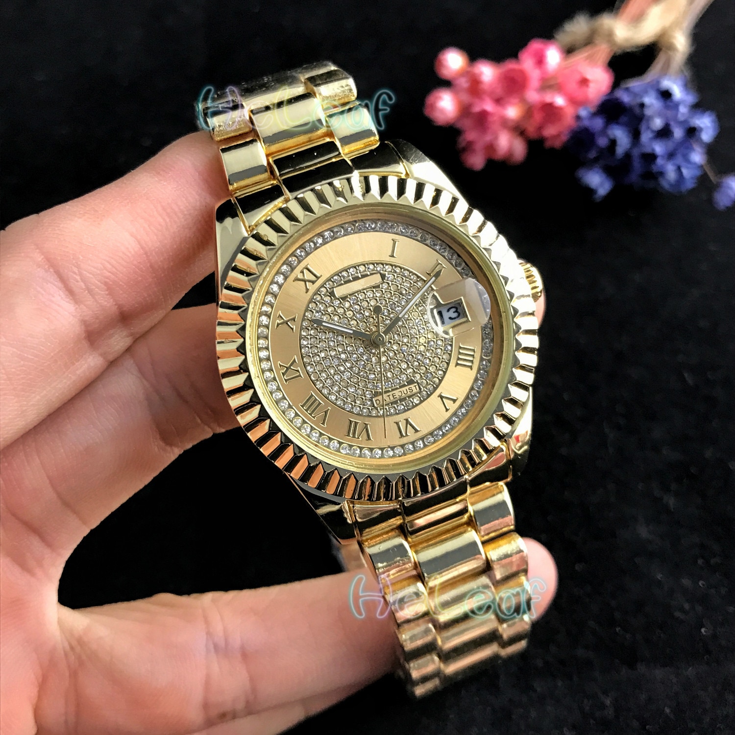 Kvinder ure luksus sølv guld runde diamant rustfrit stål bånd kvarts ur kvindelige ur montre femme reloj: Guld