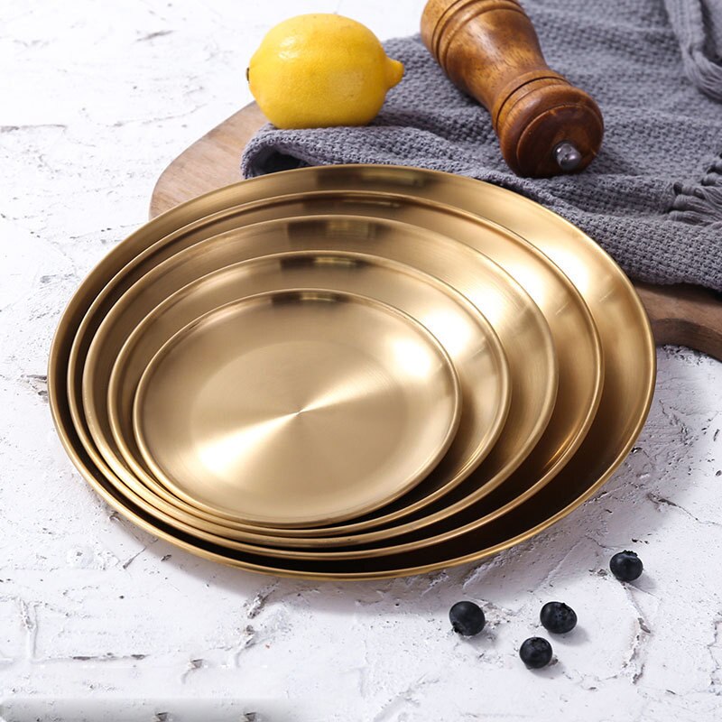 Diner Platen Goud Eettafel Plaat Serveren Gerechten Ronde Plaat Cake Lade Westerse Steak Ronde Lade Keuken Platen