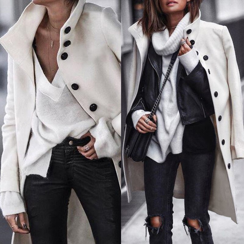 INGOO Autumn Women Long Wool Trench Coat Feminino Office Ladies Caots Winter Casual Vintage A Line Solid Overcoats Femala: White / M