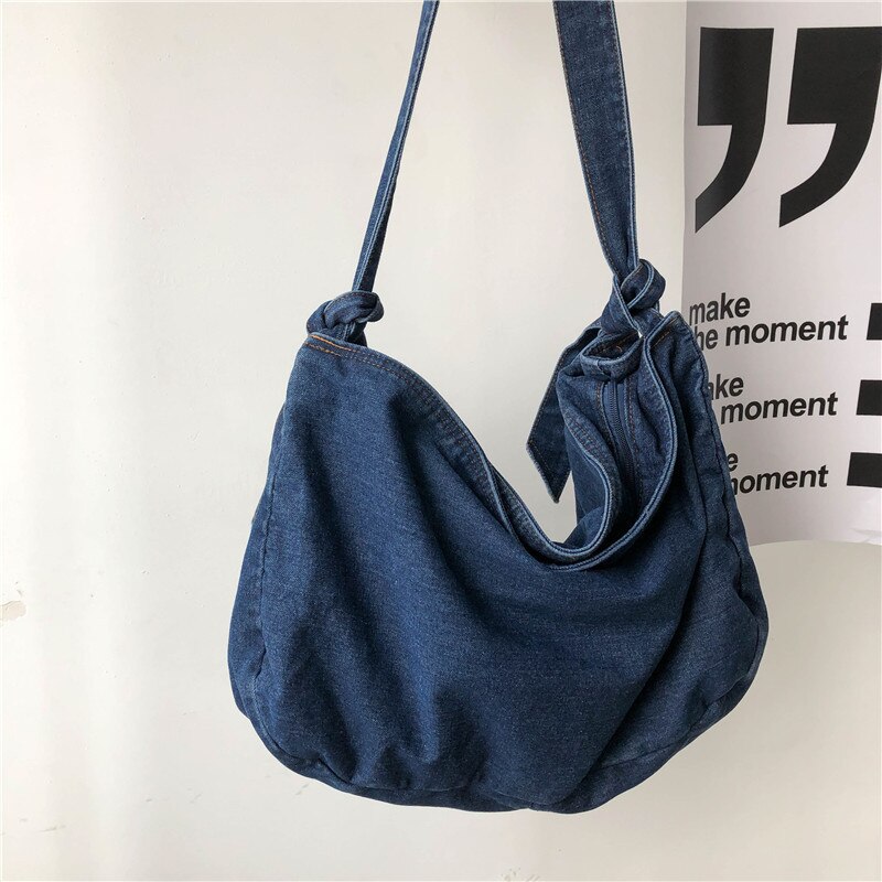 Adolescent Denim tissu doux Hobo sac femme Hip Hop Rock jean étudiant grande capacité décontracté Style de rue Slouch sac à bandoulière: Bleu profond