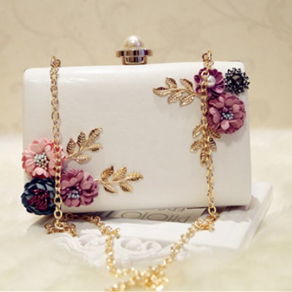 Dames leren avondtas, diner, feest, bruiloft, bloemen clutch (wit)