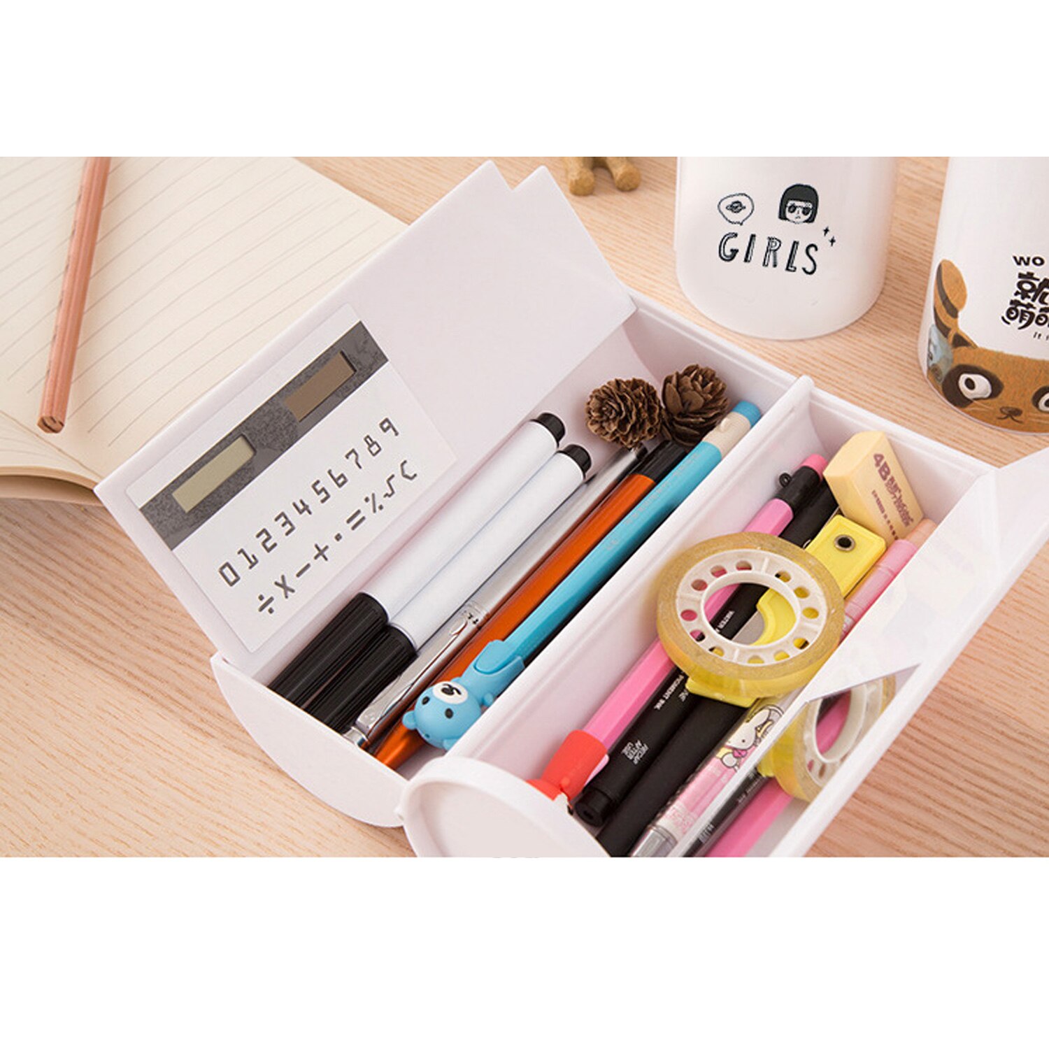 Kawaii Cartoon Plastic Double Layers Whiteboard Pencil Pen Case Box with Solar Calculator and Mirror for Students Children Girls