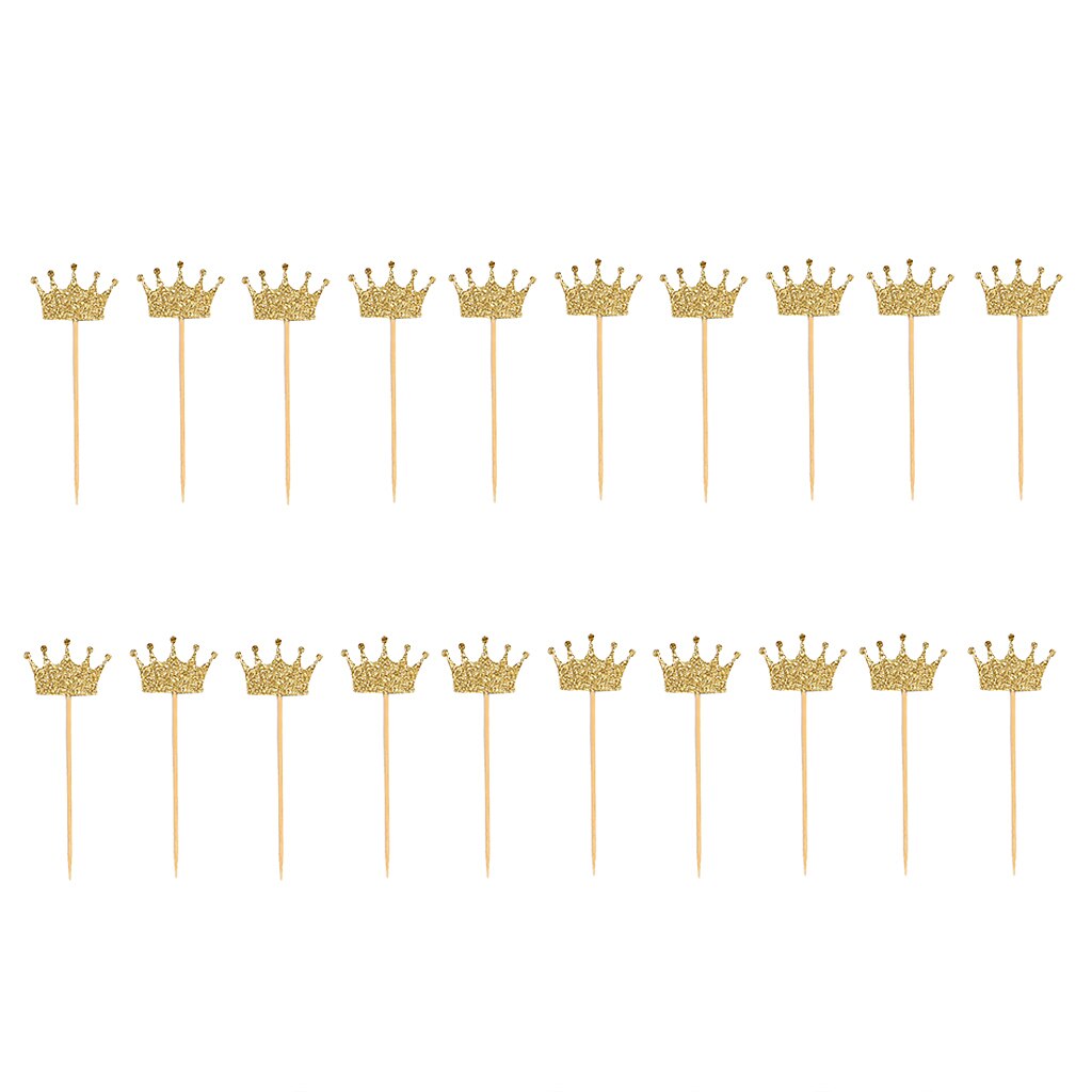 Lot van  of 20 stuks glitterkroonhouten stokjes voor taarttoppers, decoratie voor bruiloften en verlovingen.
