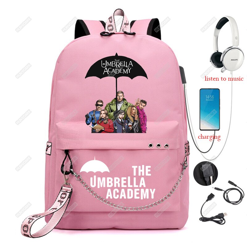 The Umbrella academy USB Backpack Women Men Teenager School Bag Women USB Travel Rucksack Large Mochila Escolar With Chain