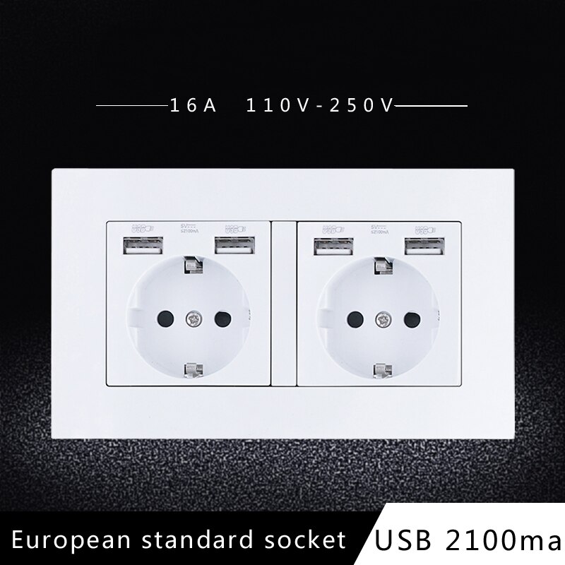 EU Standard Power Socket with USB, Double Outlet, AC 110~250V 16A, 146mm*86mm Wall Electrical Plug Power Socket
