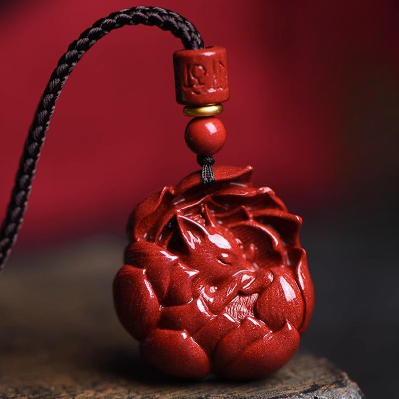 Pendentif en pierre précieuse brute naturelle pour homme, cinabre, renard à neuf queues, collier femme, produits authentiques: Black