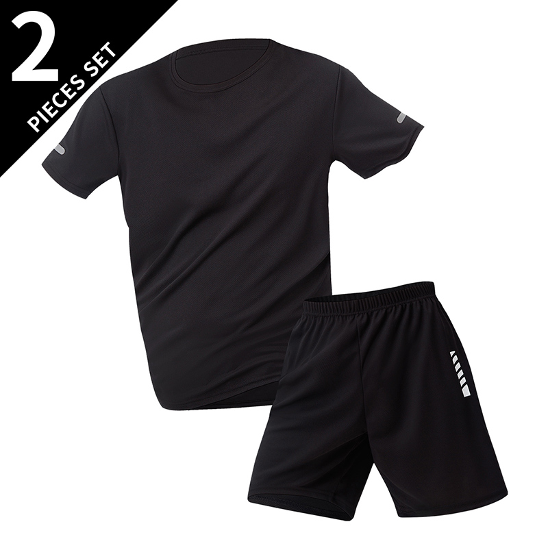 Costume d'été 2/6 pièces pour hommes, couleur unie, séchage rapide, sport de Fitness pour jeunes, respirant, manches courtes, décontracté, Joker, Short noir: L / Black