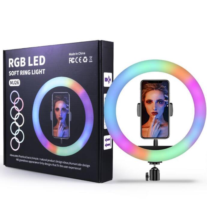 Rgb led anel luz titular do telefone fotografia luz de preenchimento 1.6m tripé regulável rgb selfie conjunto led anel luz remoto para foto vídeo: 26CM