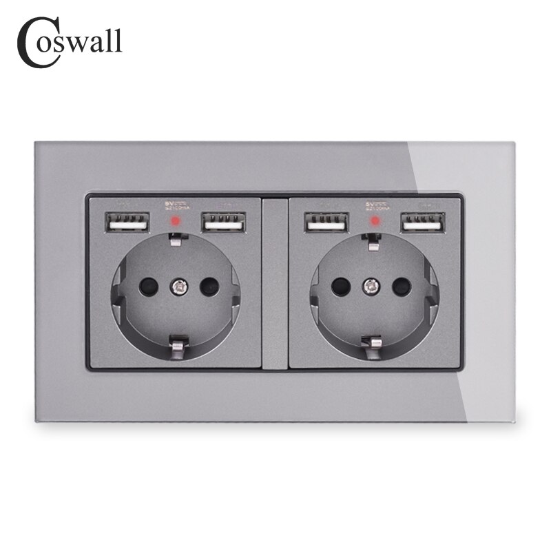 cosmall, 2 grupos, enchufe de pared estándar de la UE de Rusia, España con 4 puertos de carga USB, Panel de cristal con indicador LED suave oculto