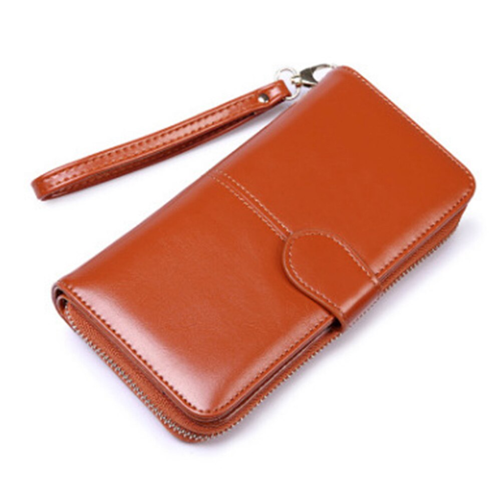 Lederen Vrouwen Lange Rits Olie Wax Portemonnee Grote Capaciteit Hasp Rits Portemonnee Dames Lange Polsbandje Clutch Coin Card Houders: brown