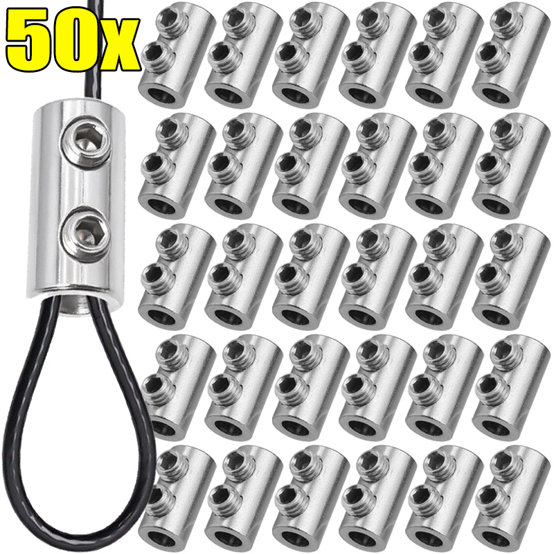 1/50pcs Steel Wire Rope Clamps Double Hole Adjustable Screw Fixed Cable Clips Metal Copper Suspension Fastener Hardware Sling