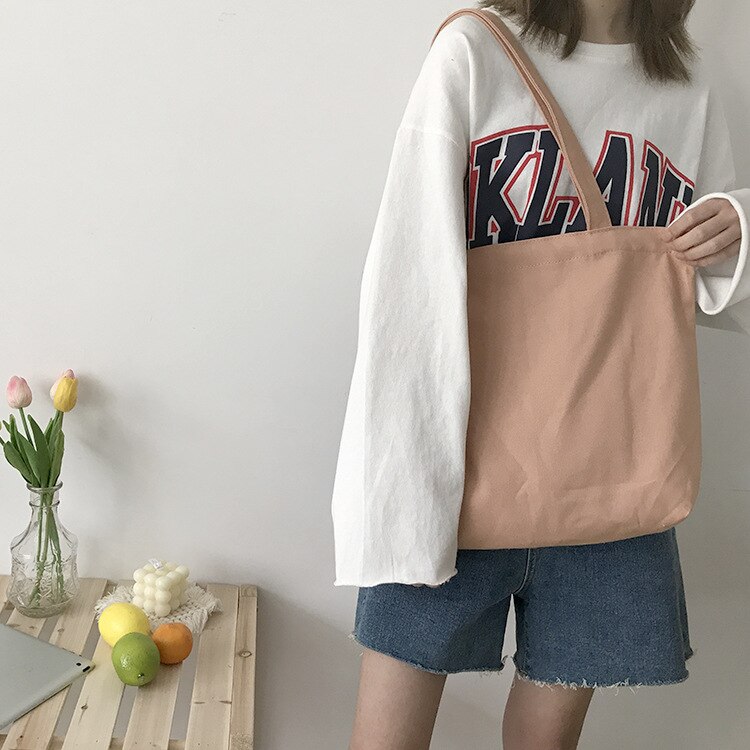 Saco de compras de lona de grande capacidade casual all-match bolsa de ombro feminina de cor sólida sacola de estilo universitário saco de escola aberto: Pink
