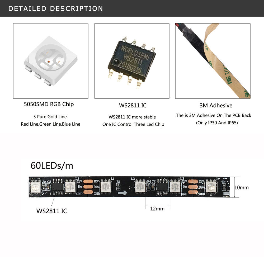 WS2811 5050 RGB Addressable 60Led Pixel Strip Light Full Colors Led Strip SP110E Bluetooth pixel controller Kit DC12V