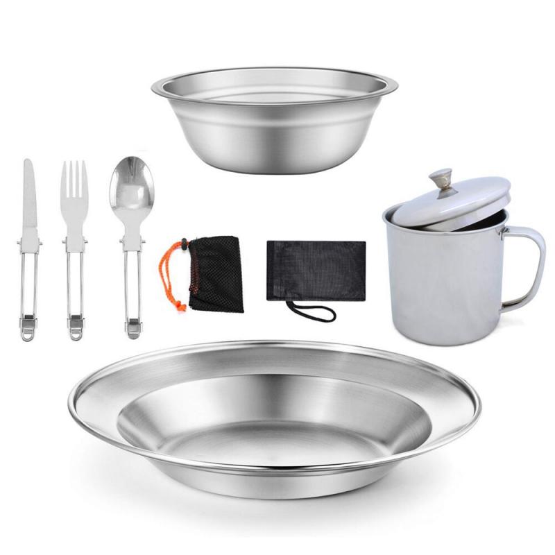 Stainless Steel Camping Tableware Kit Cookware Set Lightweight Folding Picnic Camp Cooking Gear for Tourism Backpacking