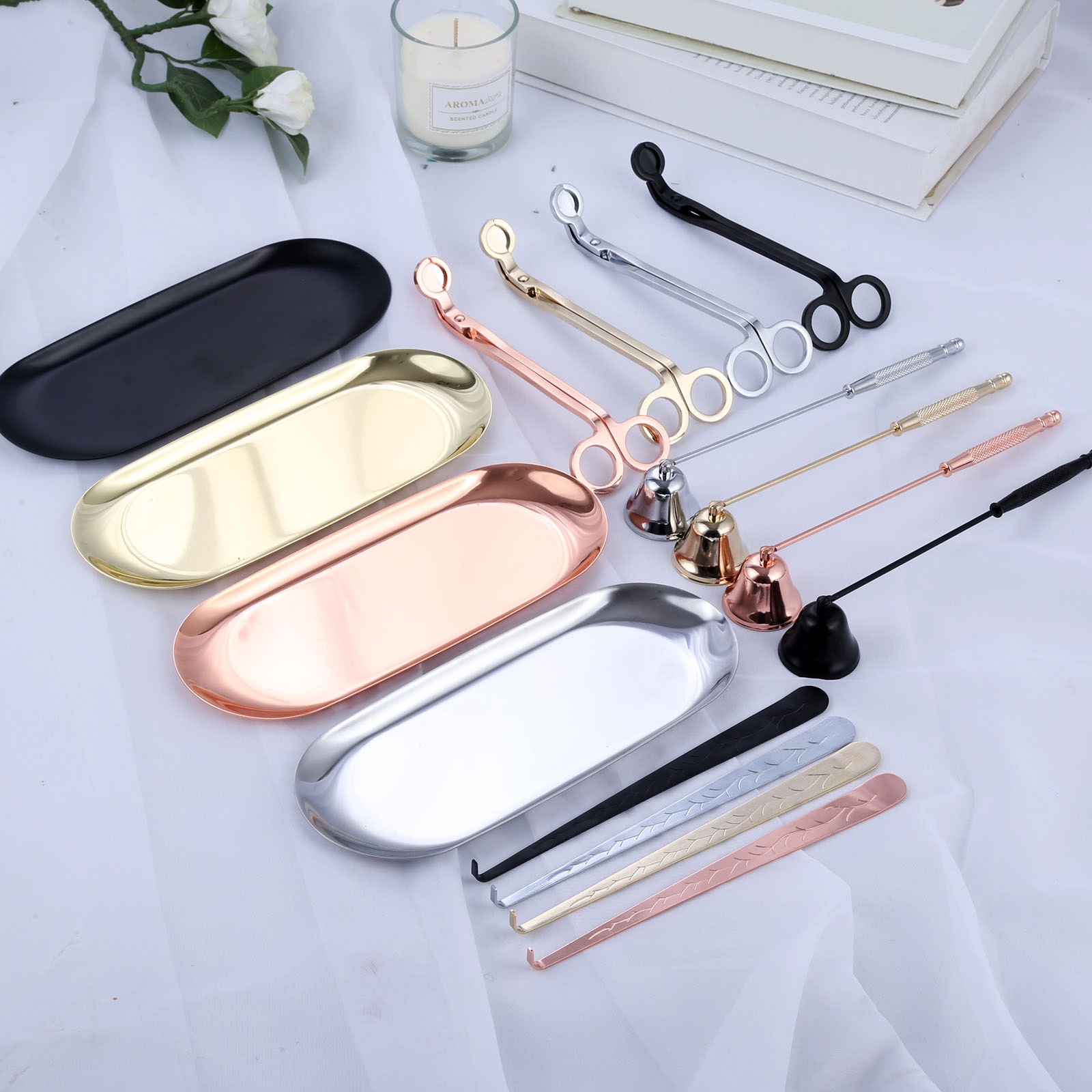 4pcs Candle Care Kit Candle Wick Trimmer Candle Wick Dipper Candle Snuffer Storage Tray Candle Scissor Home Decoration