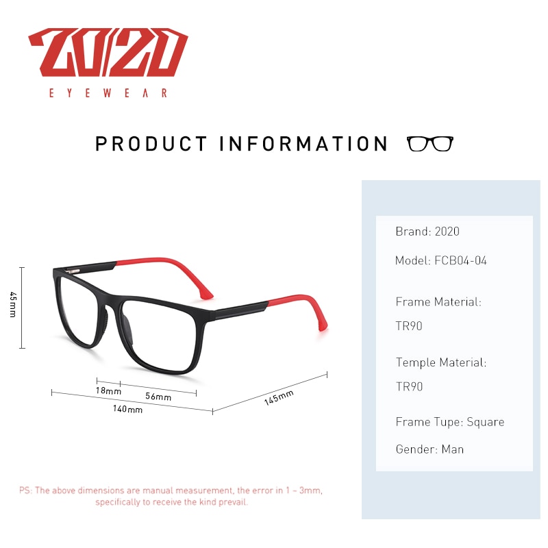 20/20 Tr90 Brilmontuur Mannen Vierkante Brillen Mannelijke Klassieke Volledige Optische Brillenglazen Frames Gafas Oculos FCB04-04