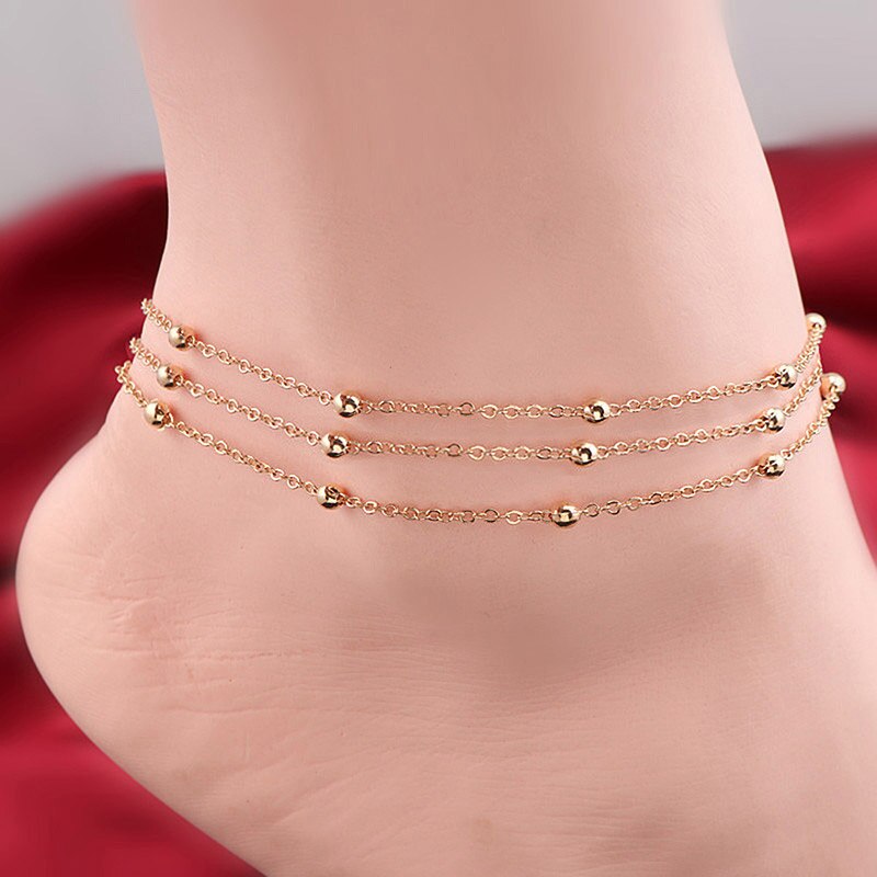 Ustar boho lagdelte kæde perler ankler til kvinder justerbar rustfrit stål fod armbånd anklet sommer sandaler smykker: Rose guld