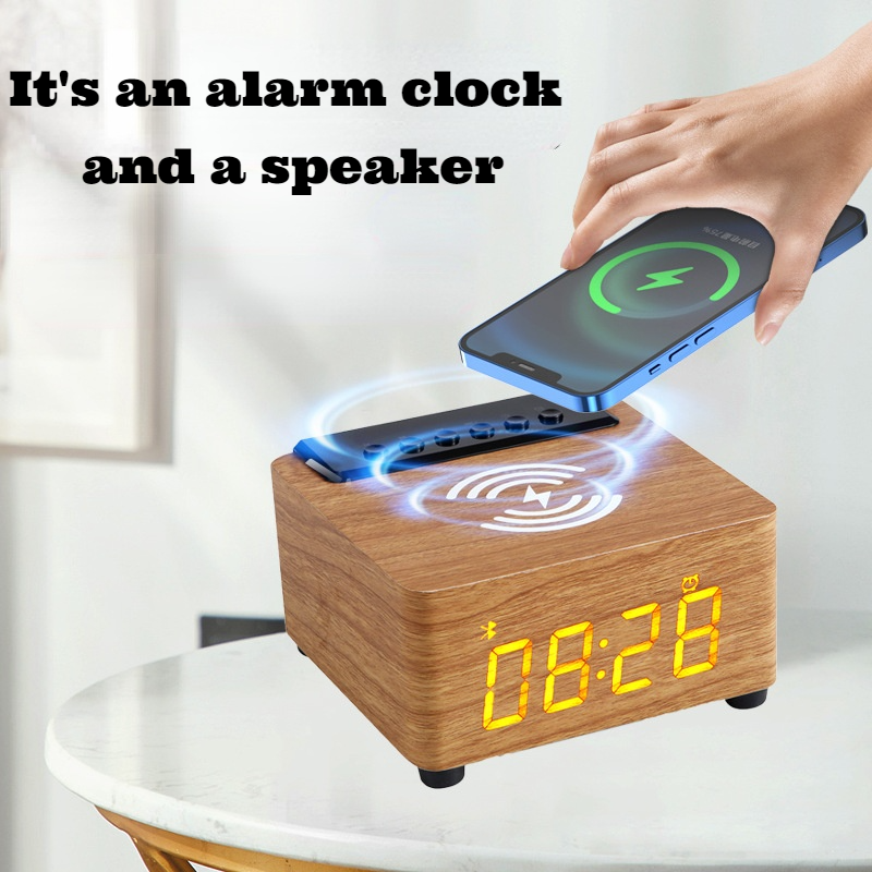 Wekker Houten Draadloze Bluetooth 5.0 Speaker Snelle Draadloze Oplader Surround 3D Stereo Boombox Met Subwoofer Sound Box