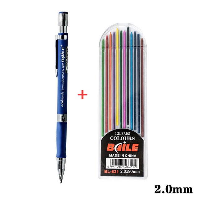 2.0mm Mechanical Pencil Set 2B Automatic Pencils With 12pcs Pencil Lead for Student Drawing Writing Office School Supplies: Blue set