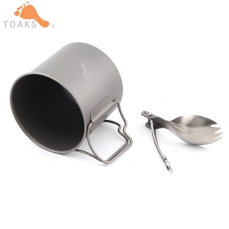 TOAKS Pure Titanium Cup Ultralight Outdoor Mug without Lid and Foldable Handle Camping Tableware Folding Spoon 375ml 450ml