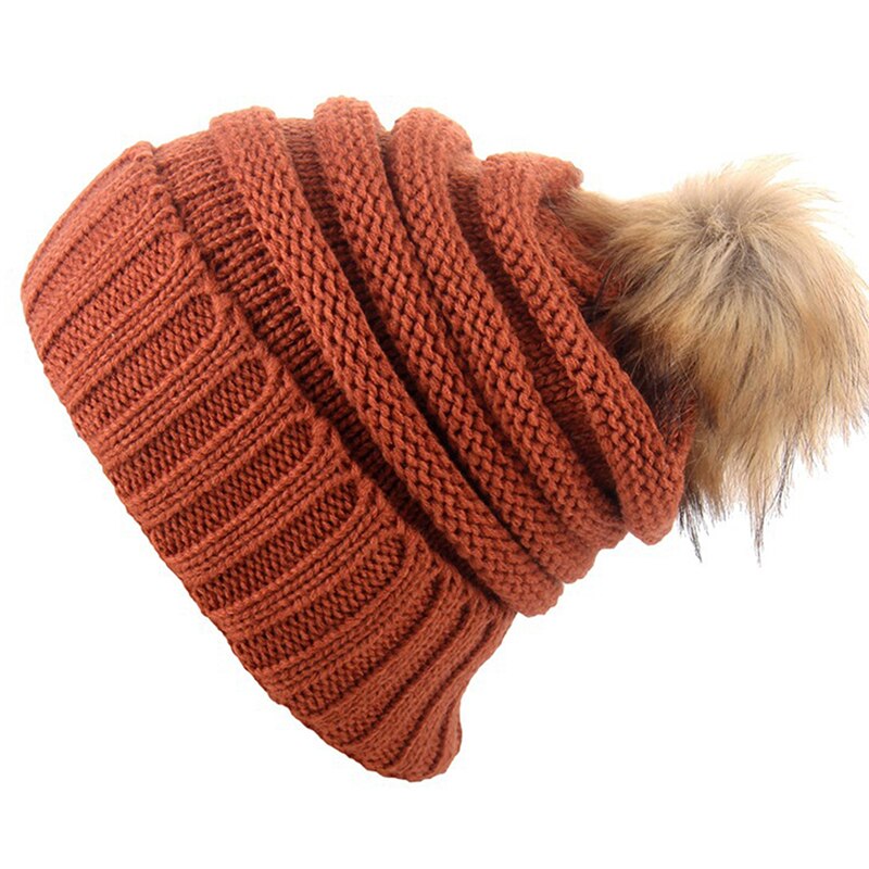 Winter Warm Female Fur hat Spring Hat For Women Girl 's Hat Knitted Beanies Cap Hat Thick Women Skullies Beanies: 13 Rust red