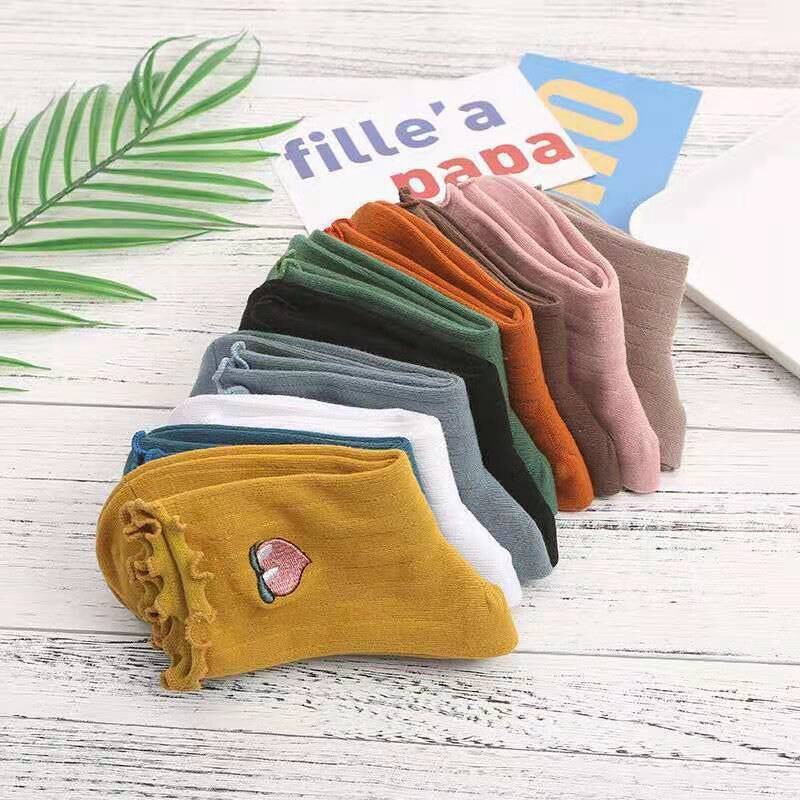 Frilly Embroidered Sock Spring Summer Japan Harajuku Kawaii Cartoon Fruit Cotton Socks Girl Streetwear Happy Casual SOX