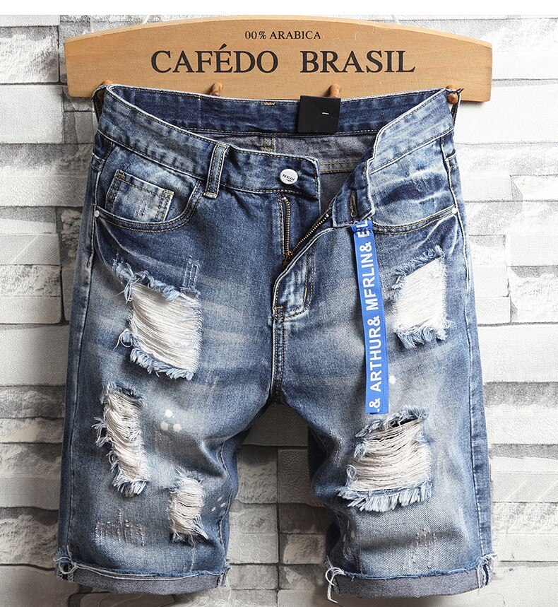 Men Big Holes Denim Shorts Summer Blue Short Jeans Men Cotton Casual Jean Shorts Knee Length Straight Jeans Size 36: 34