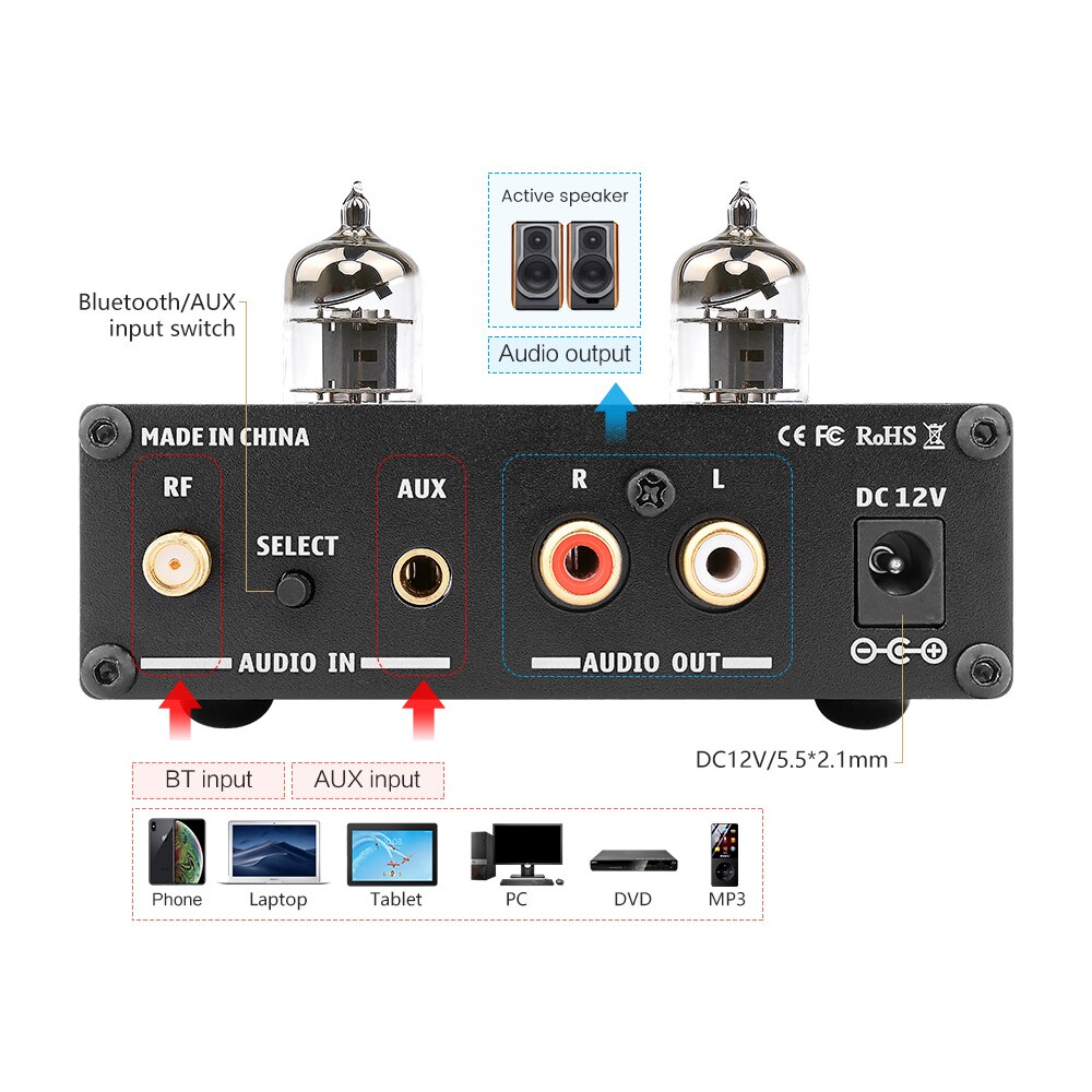 AIYIMA HIFI Bluetooth 5.0 6J1 Vacuum Tube Amplifier Preamplifier Preamp AMP With Bass Treble Adjustment For Home Sound Theater